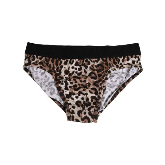 Dolce & Gabbana Brown Cotton Leopard Logo Midi Brief Underwear featuring leopard print and logo details, made in Italy from cotton-stretch blend.