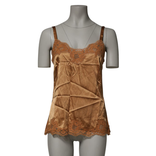 Dolce & Gabbana Brown Floral Lace Tank Lingerie Sleepwear Underwear in silk satin with heart-shaped neckline.