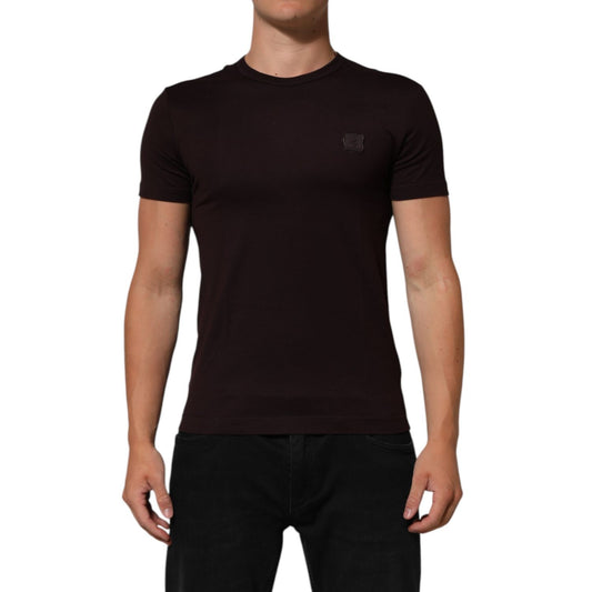 Dolce & Gabbana Brown Logo Plaque Cotton Crew Neck T-shirt on model; soft, breathable cotton with signature logo plaque on chest.