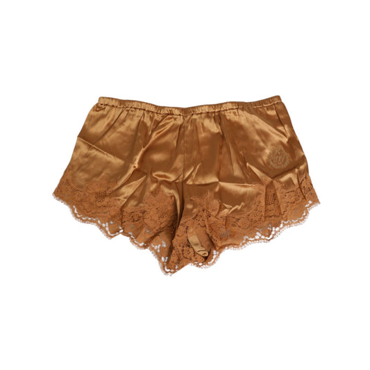 Dolce & Gabbana Brown Silk Satin Floral Lace Shorts Underwear featuring luxurious materials and delicate lace trim.