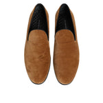Dolce & Gabbana Brown Suede Slip On Men Loafers Formal Shoes with leather sole and logo details, made in Italy.