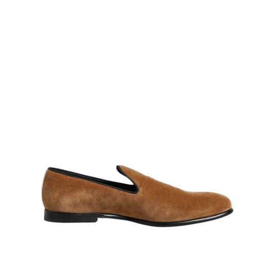 Dolce & Gabbana Brown Suede Slip On Men Loafers Formal Shoes with soft suede material and black sole, crafted in Italy.