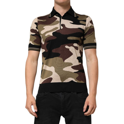 Dolce & Gabbana Camouflage Brown Silk MilitaryPolo T-shirt