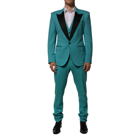 Dolce & Gabbana Cyan 3 Piece Wool Silk Blend Suit SICILIA with black satin lapels, tailored for luxury events.