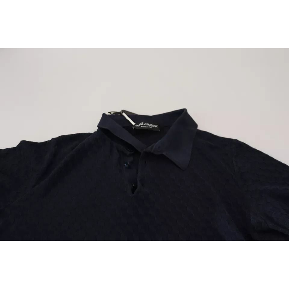 Dolce & Gabbana Dark Blue Collared Polo Casual Silk T-shirt with short sleeves and tag visible
