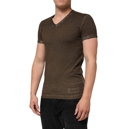 Dolce & Gabbana Dark Brown Cotton Tattered Logo Men T-shirt