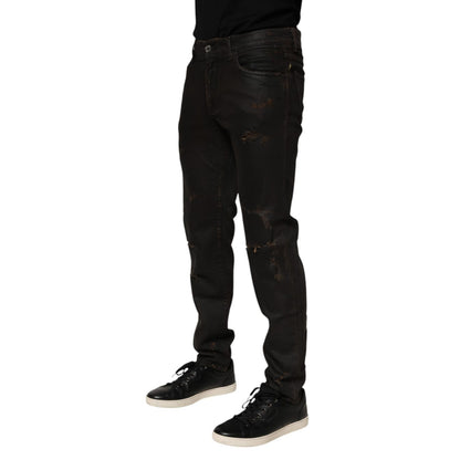 Dolce & Gabbana Dark Brown Tattered Cotton Skinny Denim Jeans