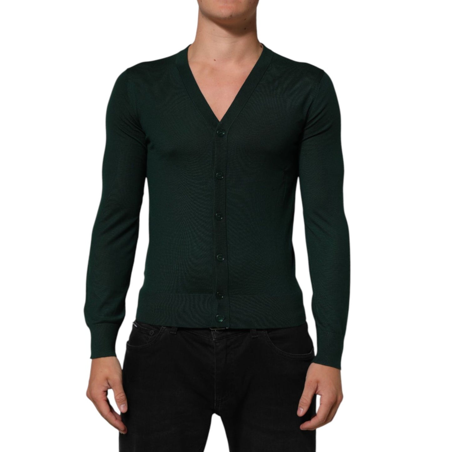 Dolce & Gabbana Dark Green Button Down Men Cardigan Sweater, 100% cashmere, elegant tailoring for casual or smart layering.