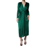 Dolce & Gabbana Dark Green Viscose Long Sleeve Midi Dress with twist detail and back zipper, made in Italy, exclusive style.