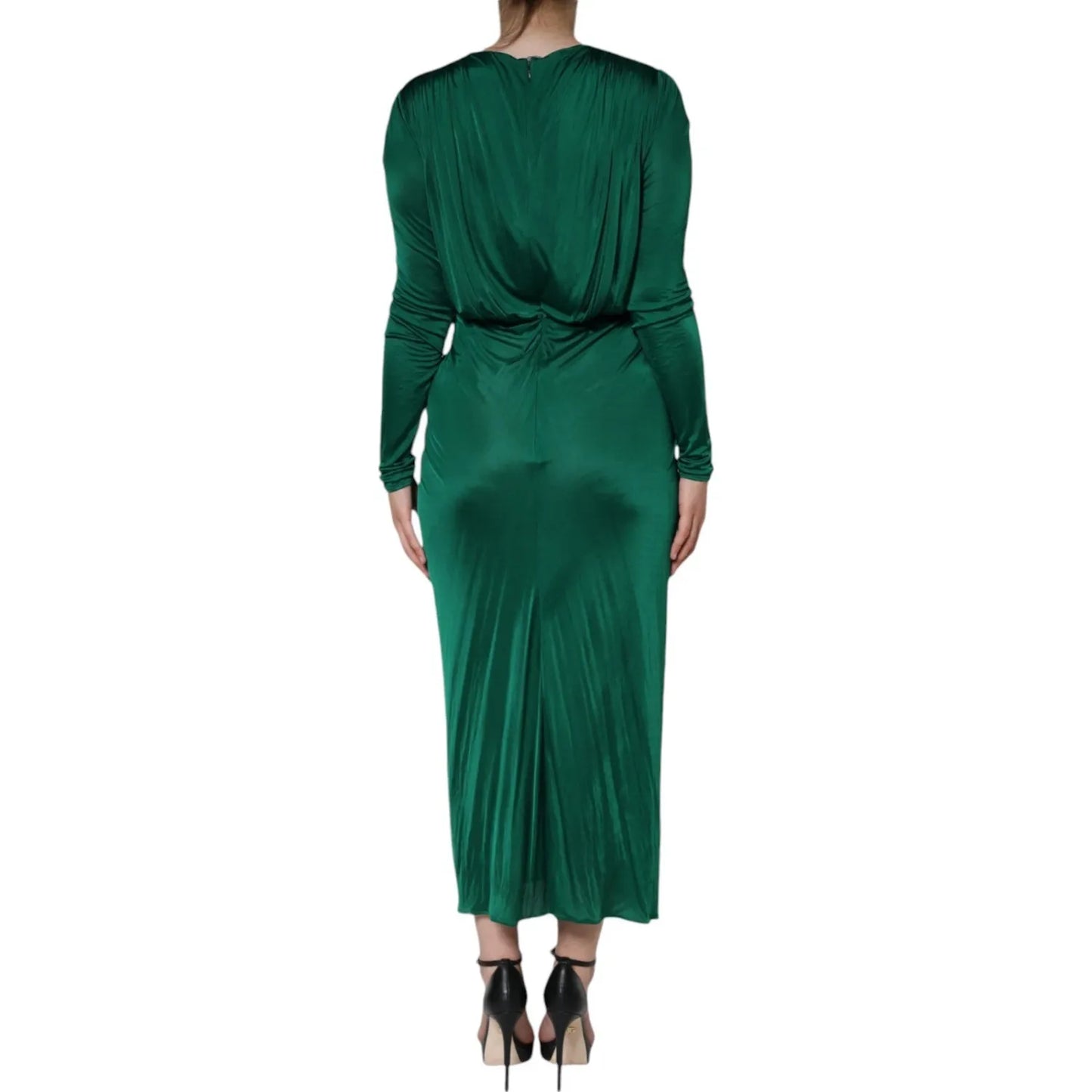 Back view of Dolce & Gabbana Dark Green Viscose Long Sleeve Midi Dress, featuring twist detail and lightweight satin fabric.