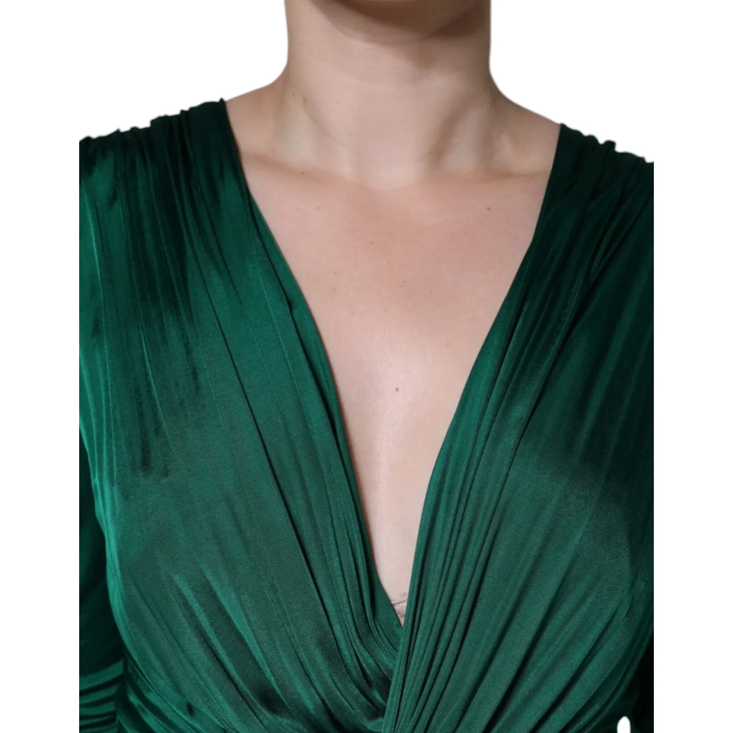 Dolce & Gabbana Dark Green Viscose Long Sleeve Midi Dress front view showing neckline and fabric detail