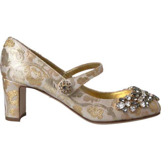 Dolce & Gabbana Gold Jacquard Crystal Mary Janes Pumps Shoes LA10957-35