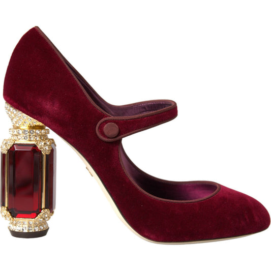 Dolce & Gabbana Red Velvet Gold Crystals Heels Mary Jane Shoes LA10580-40.5