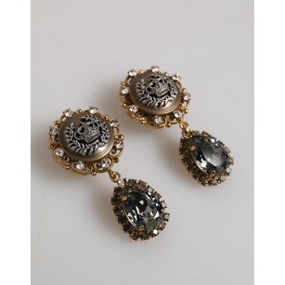 Dolce & Gabbana Gold Brass Crown Medallion Black Crystal Drop Clip On Earrings