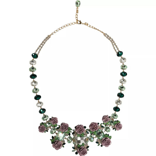 Dolce & Gabbana Gold Brass Link Chain Rose Petal Crystal Necklace