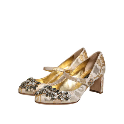 Dolce & Gabbana Gold Jacquard Crystal Mary Janes Pumps Shoes with luxurious design and elegant crystal embellishments, side view.
