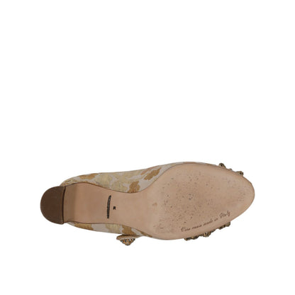 Sole view of Dolce & Gabbana Gold Jacquard Crystal Mary Janes Pumps Shoes with crystal embellishments