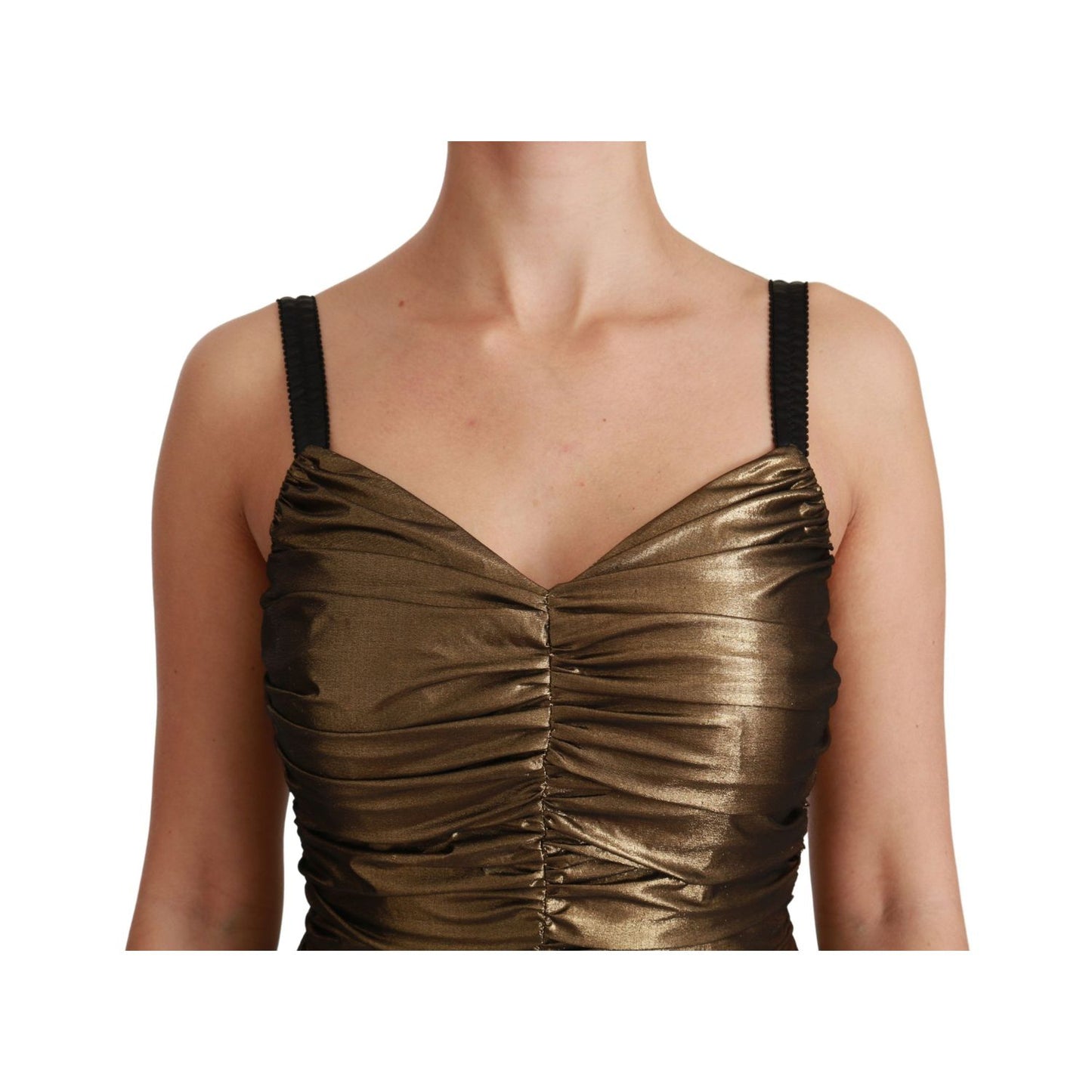 Dolce & Gabbana Gold Metallic Stretch Bodycon Ruched Dress with zipper closure and minor fabric pulls on front