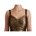 Dolce & Gabbana Gold Metallic Stretch Bodycon Ruched Dress with zipper closure and minor fabric pulls on front