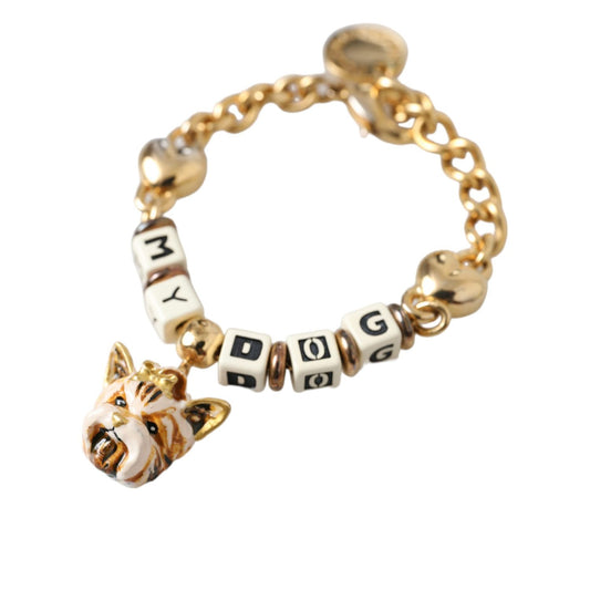 Dolce & Gabbana Gold Tone Brass Chain MY DOG Heart Bracelet with enamel dog face charm and lobster closure, 20cm length for women.