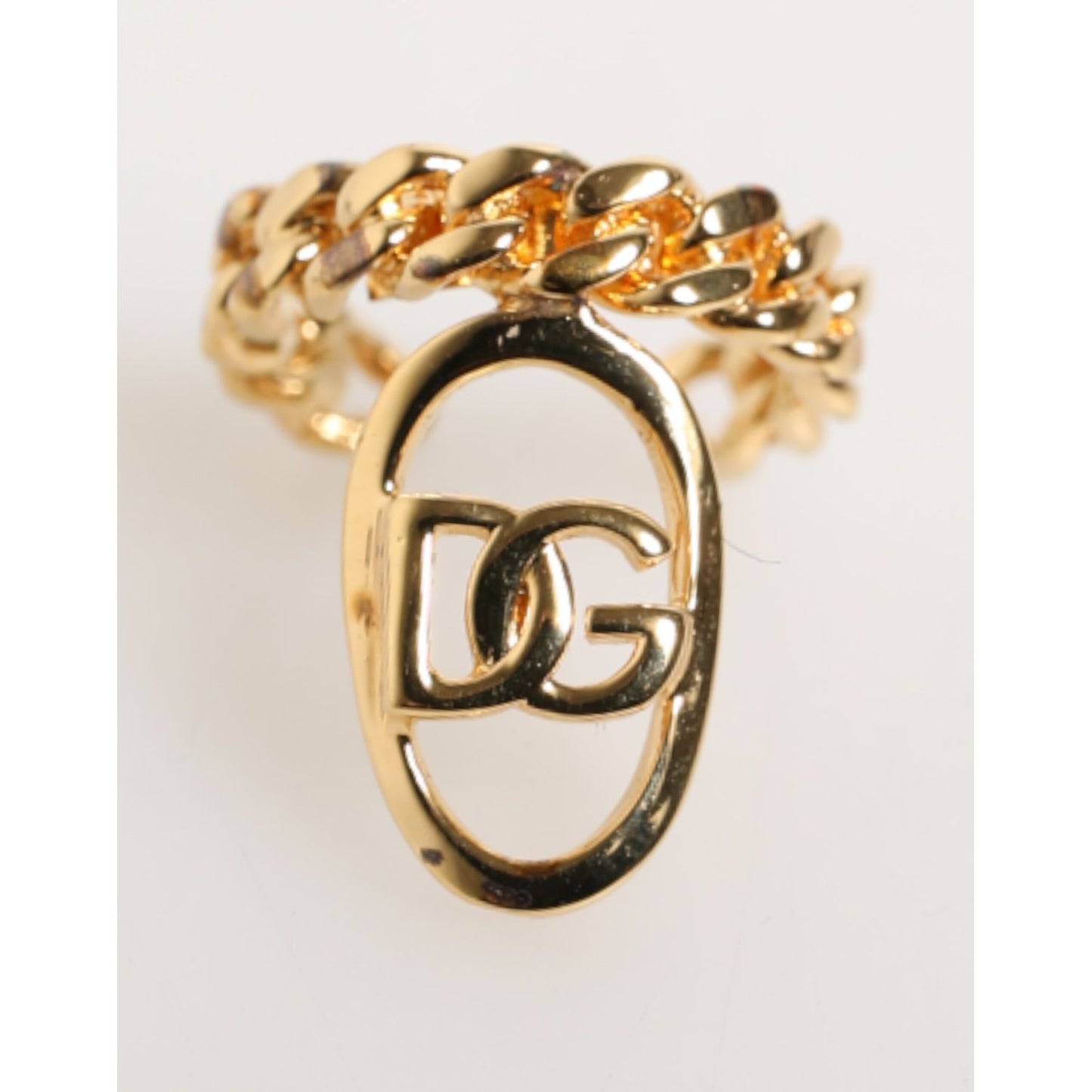 Dolce & Gabbana Gold Tone Brass Oval DG Logo Chain Adjustable Ring with curb chain and iconic logo, made in Italy.