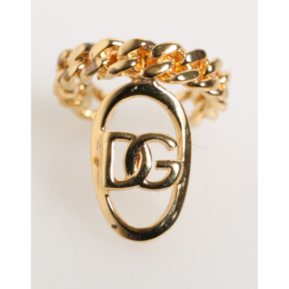 Dolce & Gabbana Gold Tone Brass Oval DG Logo Chain Adjustable Ring with curb chain and iconic logo, made in Italy.