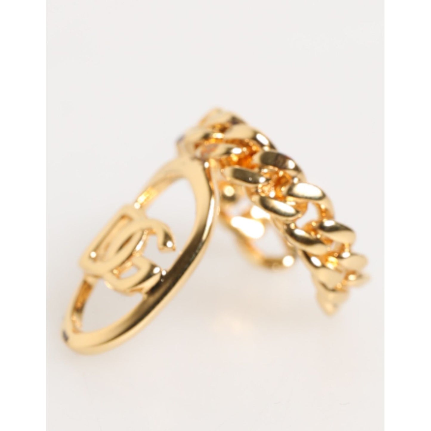 Dolce & Gabbana Gold Tone Brass Oval DG Logo Chain Adjustable Ring, stylish gold-tone ring with DG logo, made in Italy, statement jewelry piece