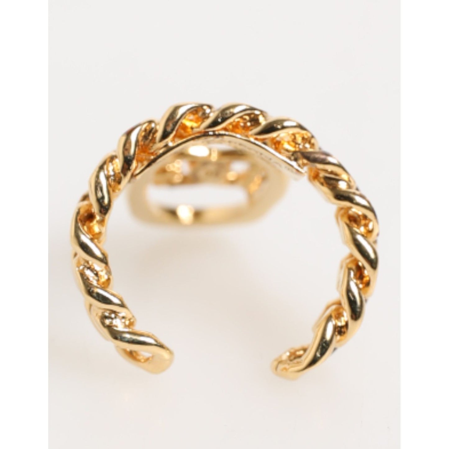 Dolce & Gabbana Gold Tone Brass Oval DG Logo Chain Adjustable Ring with curb chain design, made in Italy, featuring iconic DG logo.