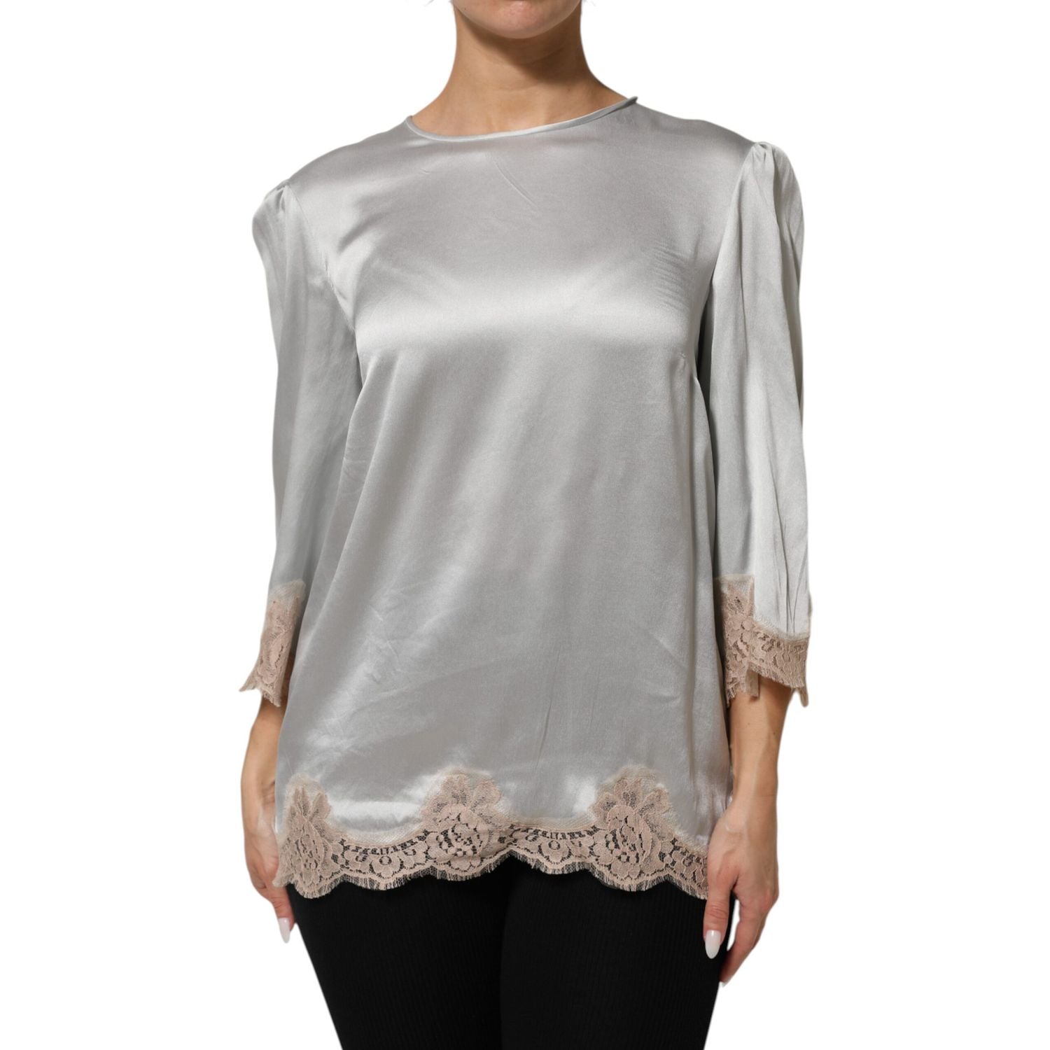 Dolce & Gabbana Gray Silk Satin Floral Lace Long Sleeve Top