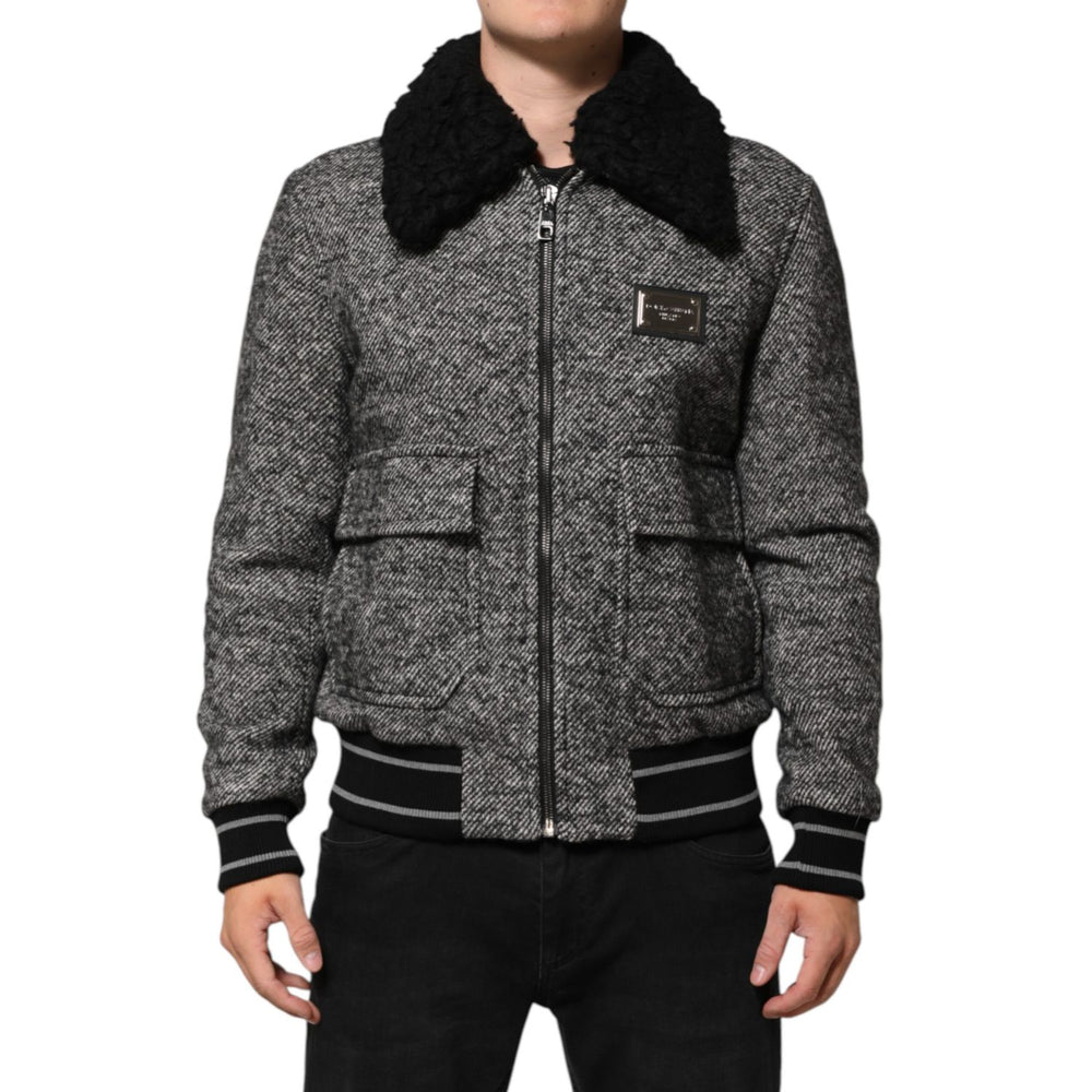 Dolce & Gabbana Gray Wool Herringbone Shearling Collar Bomber Jacket with zip closure and flap pockets, front view