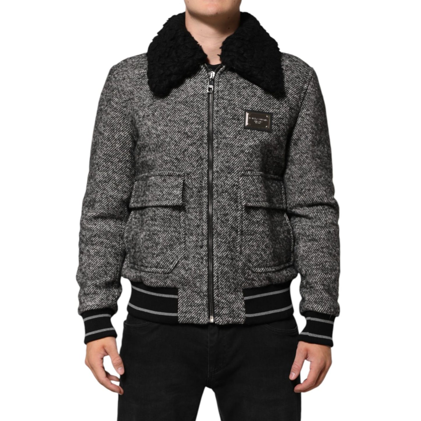 Dolce & Gabbana Gray Wool Herringbone Shearling Collar Bomber Jacket displayed on model front view.