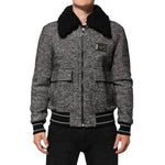 Dolce & Gabbana Gray Wool Herringbone Shearling Collar Bomber Jacket displayed on model front view.