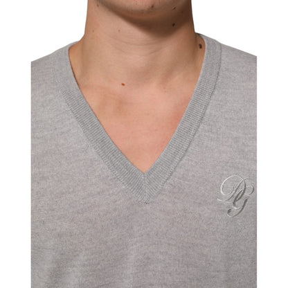 Dolce & Gabbana Gray Wool Knit Logo V-Neck Pullover Sweater