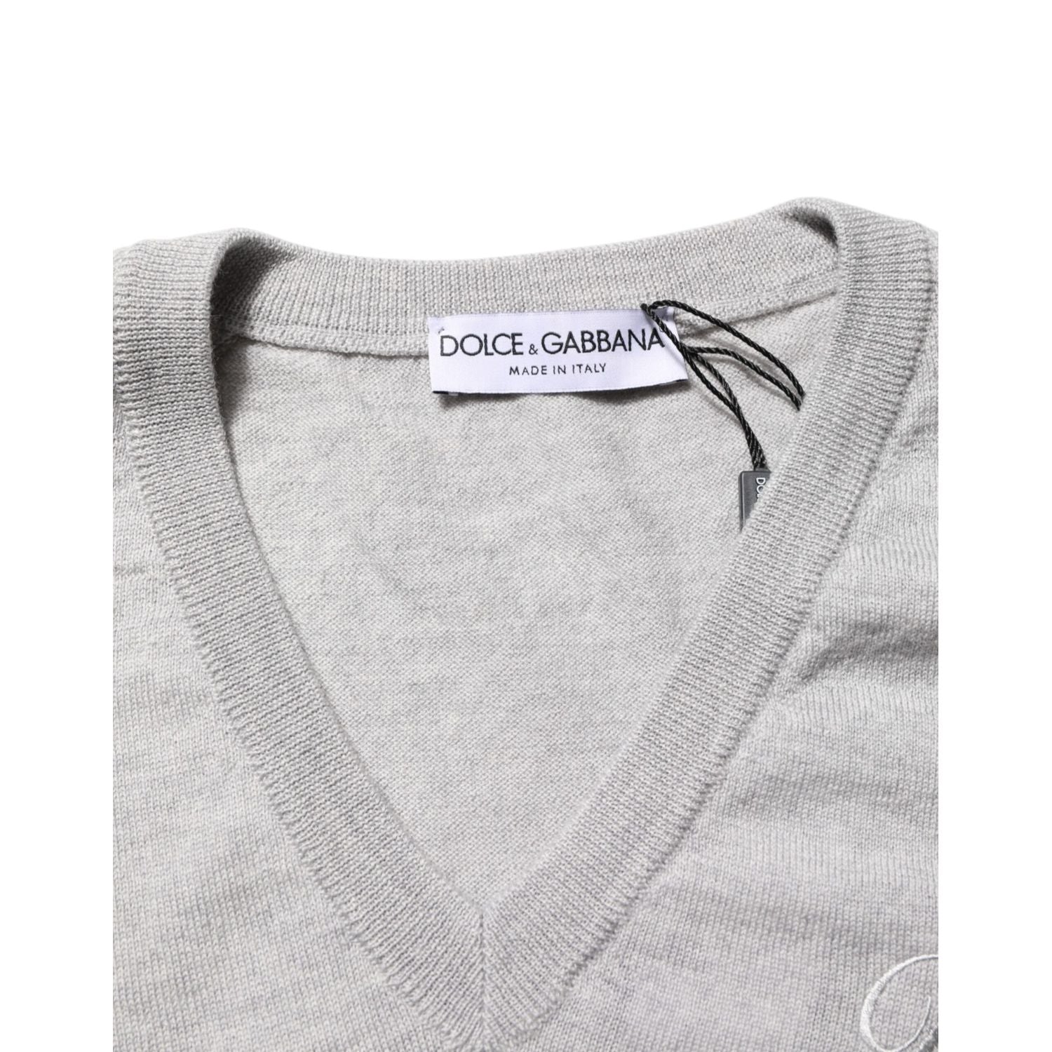 Dolce & Gabbana Gray Wool Knit Logo V-Neck Pullover Sweater