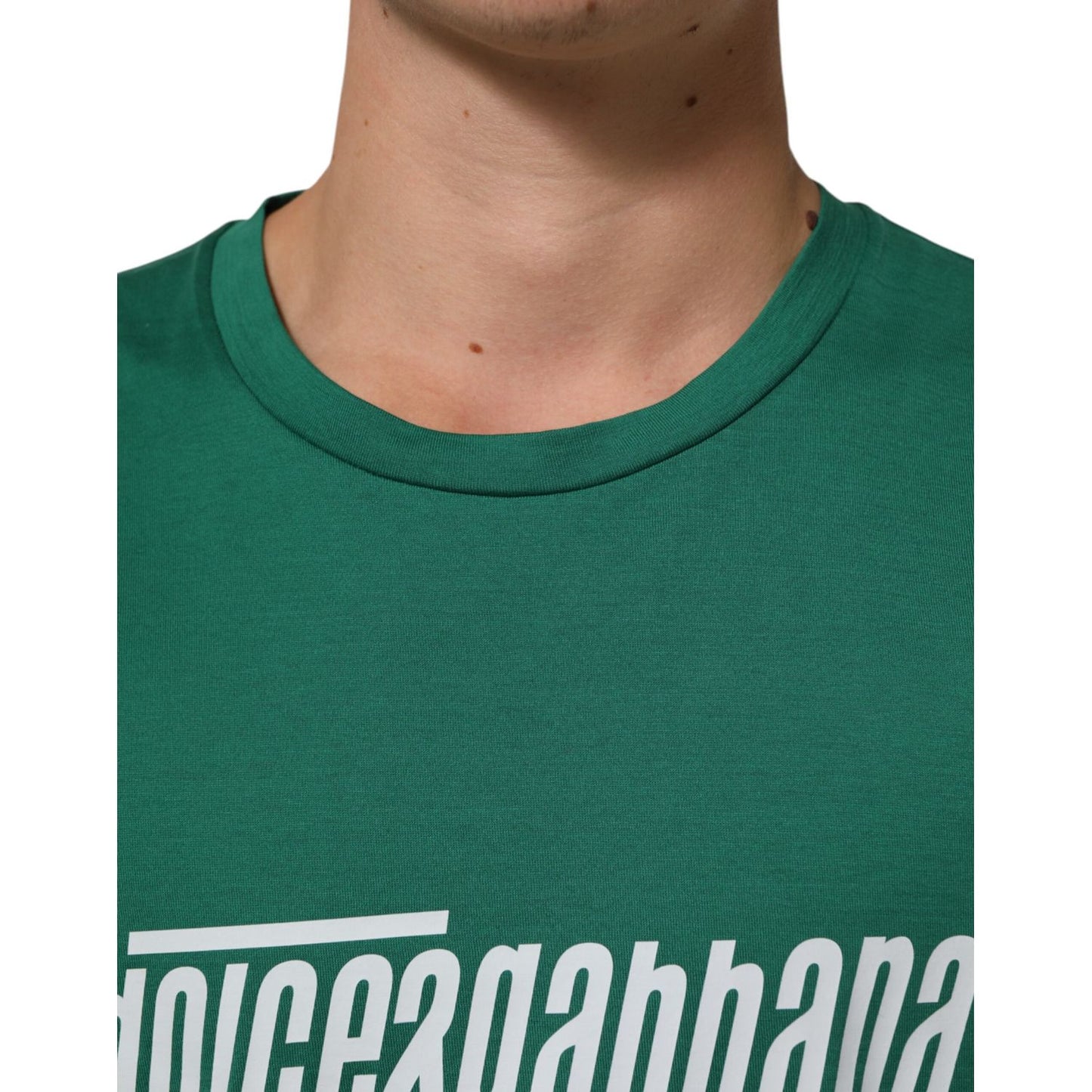 Dolce & Gabbana Green Cotton Graphic Logo Print Crewneck T-shirt with bold logo design, short sleeves, and classic fit.