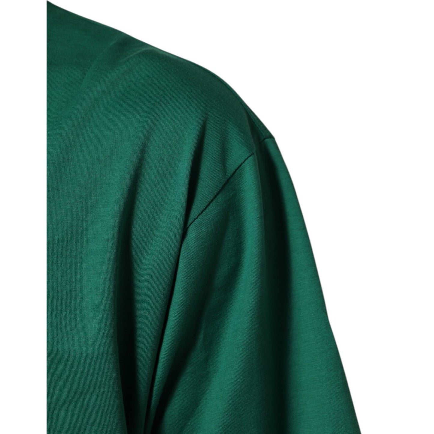 Dolce & Gabbana Green Cotton Graphic Logo Print Crewneck T-shirt showing close-up of shoulder and fabric texture.