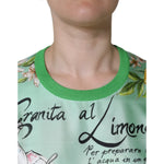 Close-up of a Dolce & Gabbana Green Lemon Print Pullover Silk Women Sweater featuring detailed text and lemon flower design.