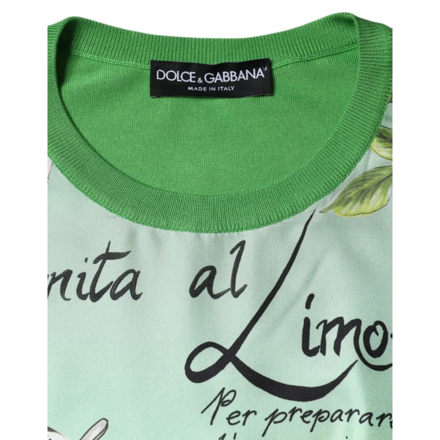 Dolce & Gabbana Green Lemon Print Pullover Silk Women Sweater with Granita al Limone design and crew neck detail.