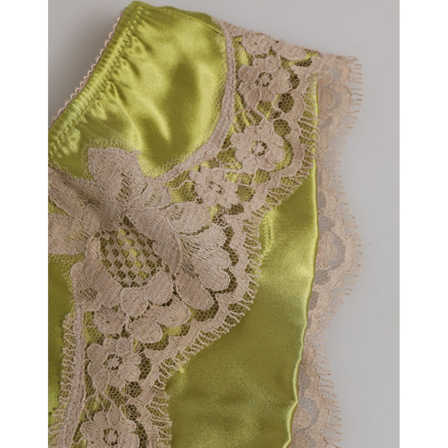 Dolce & Gabbana Green Silk Satin Floral Lace Trim Panty Underwear close-up showcasing delicate floral lace trim.