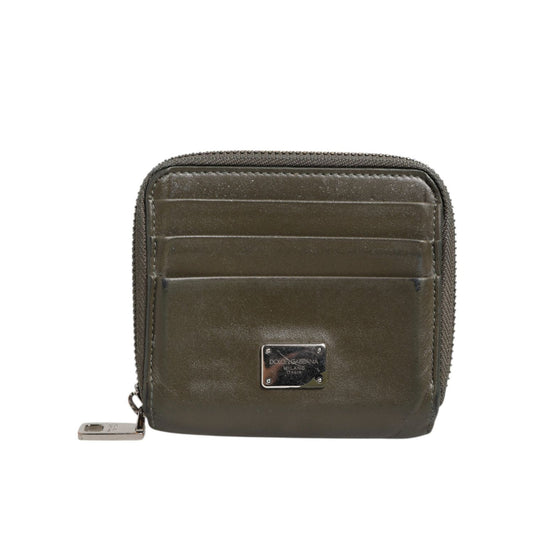 Dolce & Gabbana Military Green Leather Logo Plaque Card Holder Coin Purse Wallet with card slots and zipper closure.
