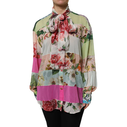 Dolce & Gabbana Multicolor Floral Patchwork Ascot Collar Top