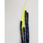 Close-up of black and blue climbing rope with neon yellow strands against a neutral background.