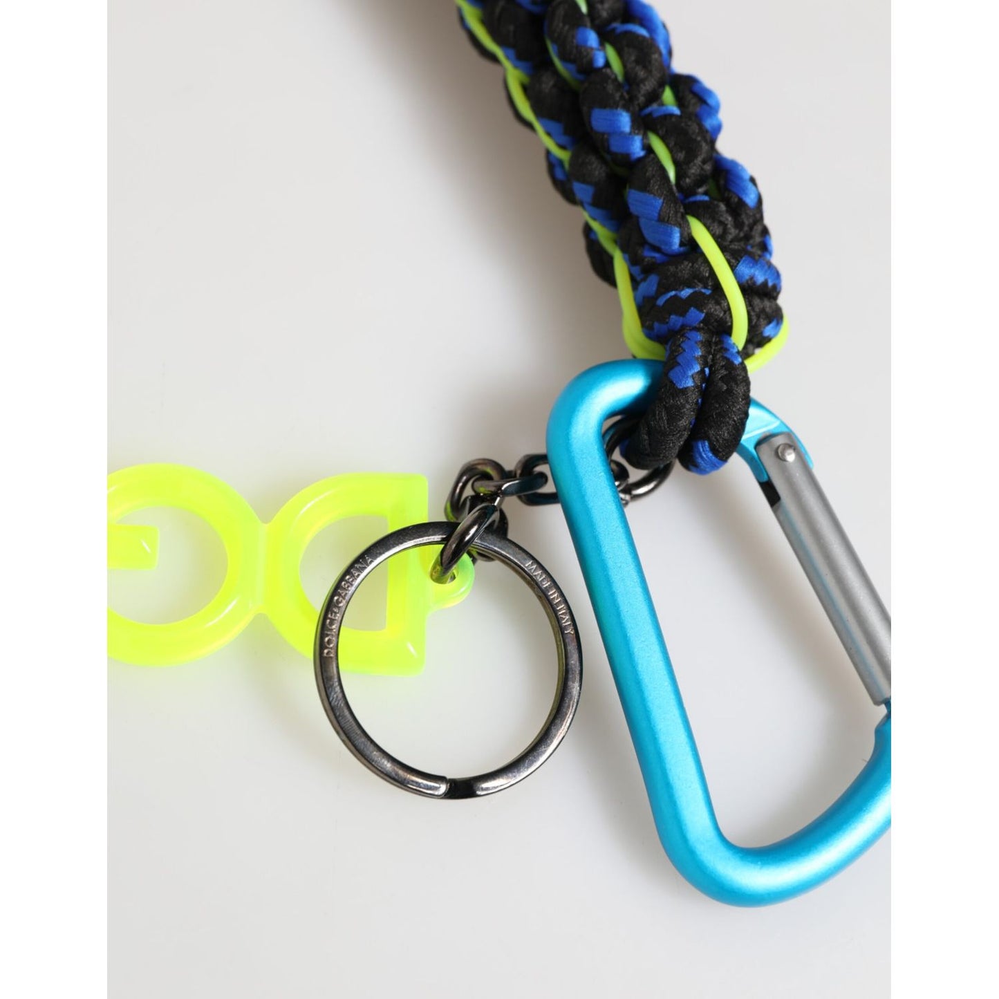 Dolce & Gabbana Multicolor Leather Tape String DG Logo Keychain Keyring with metal hardware and polyester string detail.