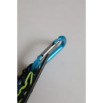 Close-up of blue carabiner with black and green strap on a Dolce & Gabbana Multicolor Leather Tape String DG Logo Keychain Keyring.