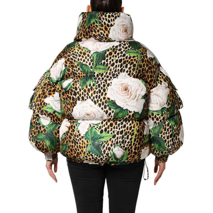 Dolce & Gabbana Multicolor Leopard Rose Puffer Quilted Jacket