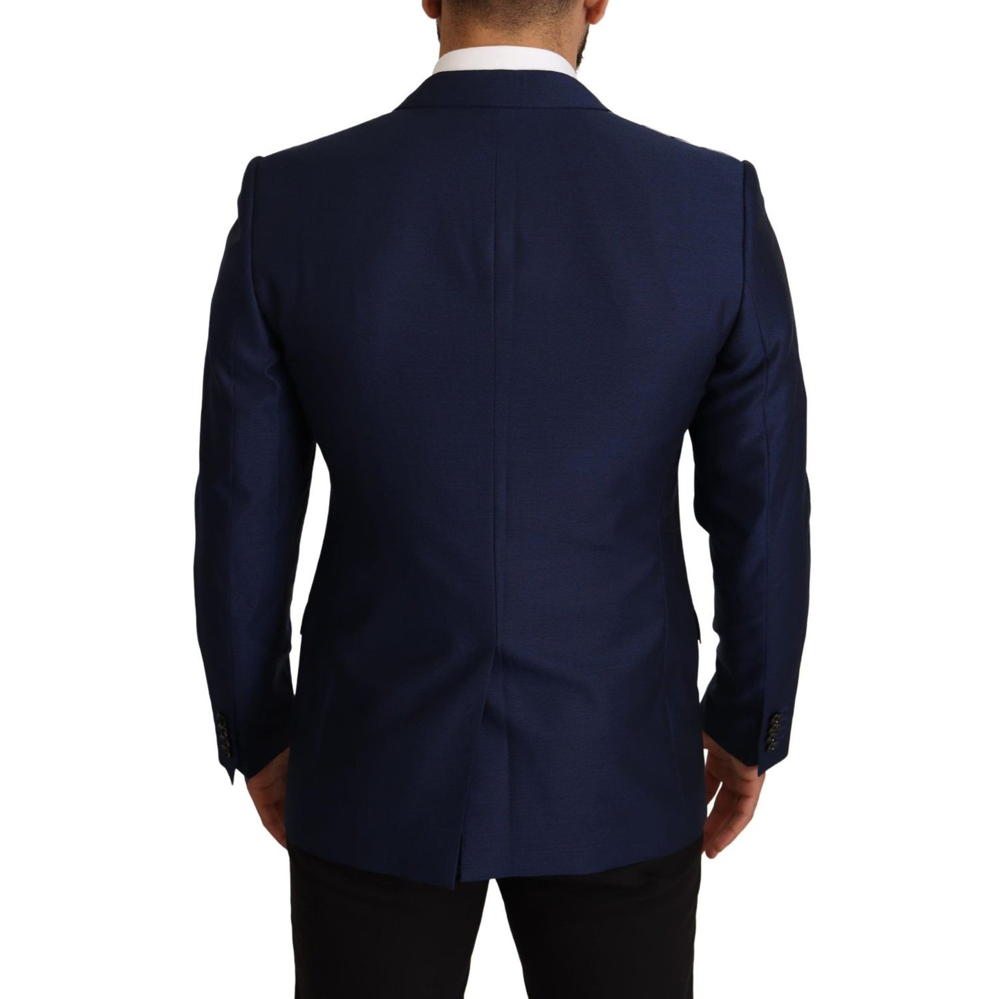 Rear view of Dolce & Gabbana Navy Blue Slim Fit Jacket MARTINI Blazer, showing the elegant cut and design of this Italian-made blazer.