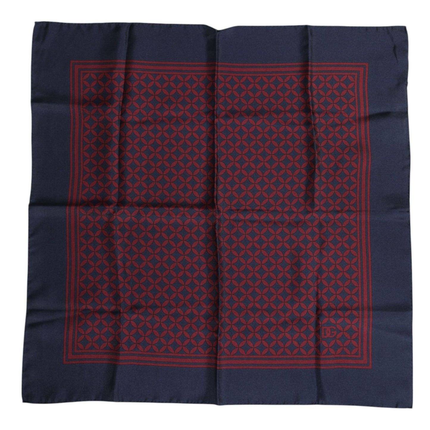 Alt Tag: Dolce & Gabbana Red Blue Printed Silk Square Men Foulard Scarf with geometric patterns, 100% silk material, 50cm x 50cm size.