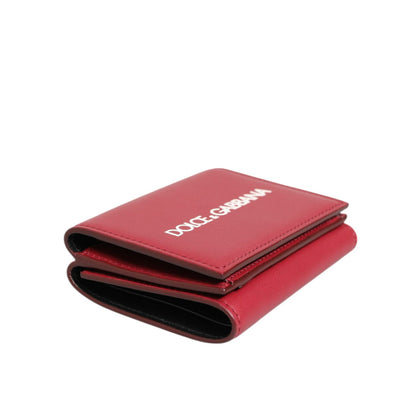Dolce & Gabbana Red Leather Bold Logo Print Trifold Card Holder Wallet in vivid red with white logo, minimalist design, made in Italy.