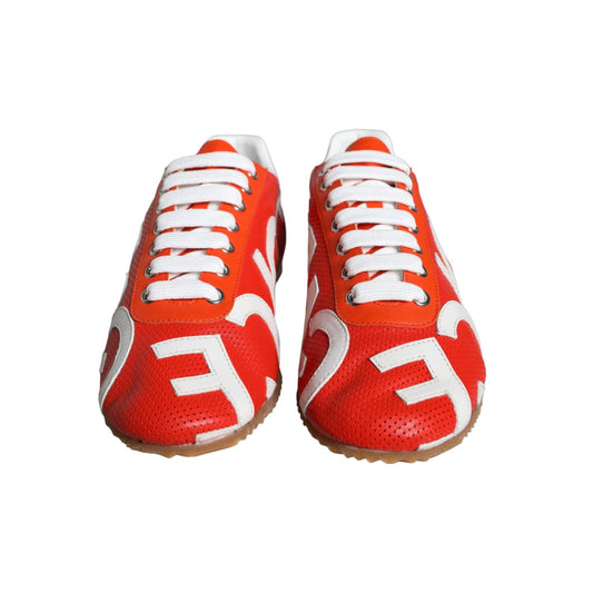 Dolce & Gabbana Red White Leather Logo Casual Sneakers Shoes with lace-up closure and rubber sole, showcasing exclusive Italian craftsmanship.