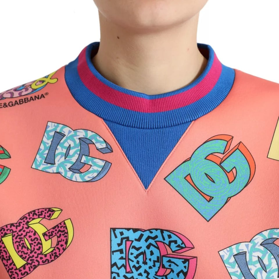 Dolce & Gabbana Salmon Pink Logo Print Sweatshirt Sweater with multicolor logo pattern and crew neck design, made in Italy.